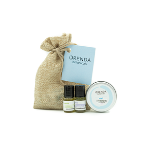 Orenda Botanicals Blue Trio Bag! Featuring mini-sized topical products, it's perfect for on-the-go people suffering from headaches, congestion, stress, and localized pain. It includes the following 3 items:  1 Rest, 1 Revive, 1 Relief