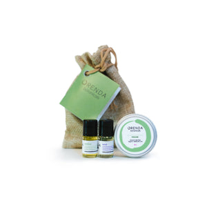 Orenda Botanicals Green Trio Bag! Featuring mini-sized topical products, it's perfect for on-the-go people suffering from headaches, congestion, stress and localised pain and swelling. It includes the following 3 items:  1 x Rescue, 1 Rest, 1 Revive
