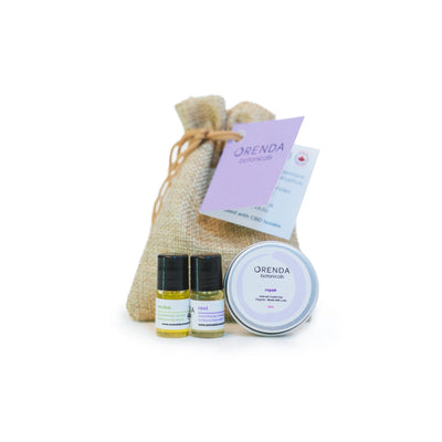 Orenda Botanicals Purple Trio Bag! Featuring mini-sized topical products, it's perfect for on-the-go people suffering from headaches, congestion, stress, restlessness and dry damaged skin. It includes the following 3 items:  1 Rest, 1 Revive, 1 Repair